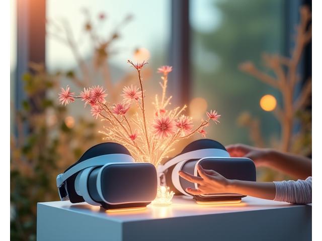 VRヘッドセットを装着して花を学ぶ様子