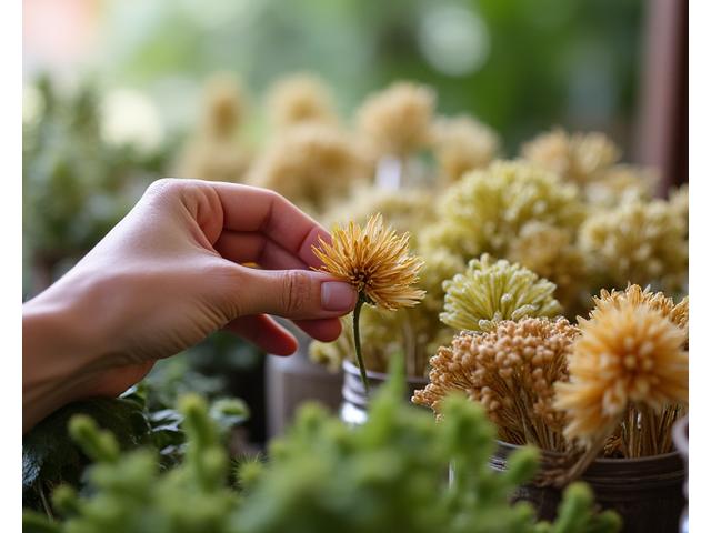 ドライフラワーに適した花材が選別されている様子