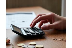 計算機と硬貨が並びコスト計算する様子、適正価格