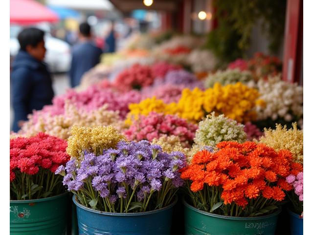 花材市場の活気ある風景、様々な花が並ぶ