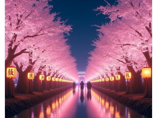 満開の桜並木の下で開催される幻想的な桜祭りイベントの様子。夜にはライトアップされ、その美しさが際立つ。