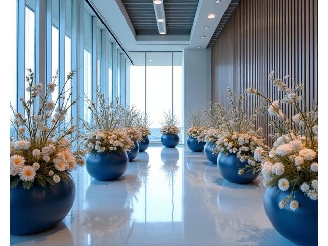 都会的なオフィスビル高層階で、モダンな花々と照明が融合したIT企業10周年記念パーティの会場。