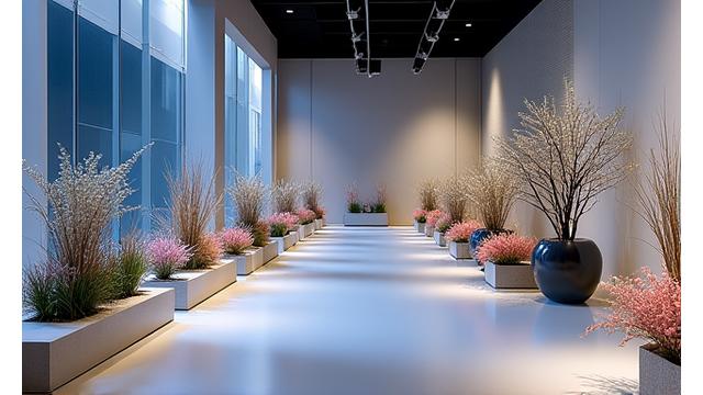 広々としたモダンな会場で、企業のロゴカラーに合わせて装飾された企業の周年記念イベント