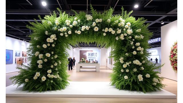 展示会ブースの入り口を飾る、目を引くフローラルディスプレイ。白と緑を基調とし、自然な美しさを強調。