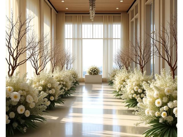 豪華な結婚披露宴会場を飾るラスティックモダンなフローラルディスプレイ。大きな枝物と白い花々で構成され、温かい光に包まれている。