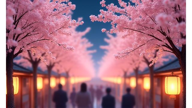 桜の花で一杯の日本の伝統的な祭りの風景。夜桜と提灯の光が幻想的な雰囲気を作り出している。