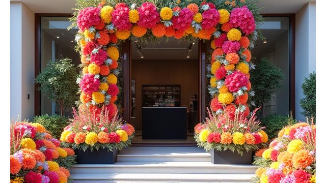 開店祝いのために飾られた、豪華で高さのあるスタンド花。鮮やかな色の花々がお店の入り口を彩る。
