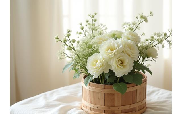 優しさや癒しを感じさせる、控えめな白い花のバスケット