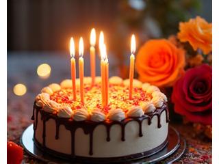 誕生日ケーキの隣に置かれた華やかなアニバーサリーフラワー