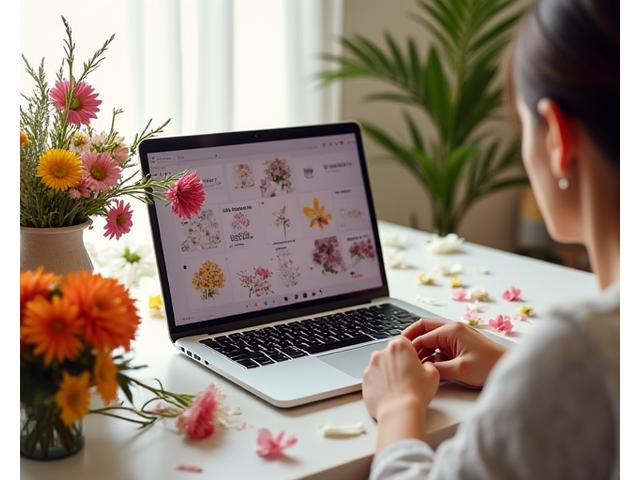 オンラインチャットでフローラルデザインを学ぶ女性と、その隣に置かれた美しいフラワーアレンジメント