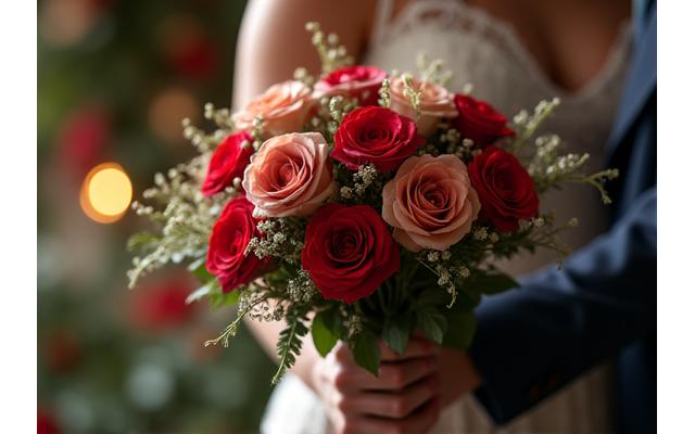 プロポーズの瞬間にそっと差し出される、感動的なバラの花束