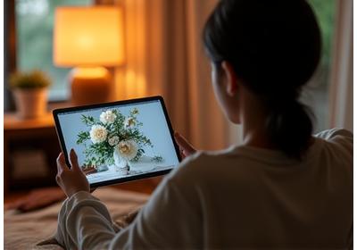 タブレットでオンラインワークショップのアーカイブ動画を視聴し、自分のペースで学習している様子