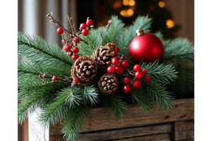 常緑樹と松ぼっくりを使った冬のクリスマスデコレーション