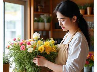 笑顔で花を整える地域密着型花屋の店主