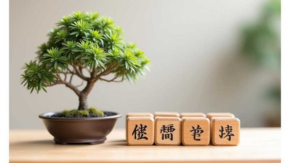 丁寧に手入れされた盆栽と、その隣に置かれた整然とした和風の木製スタンプ。規律と成長の調和を表現。