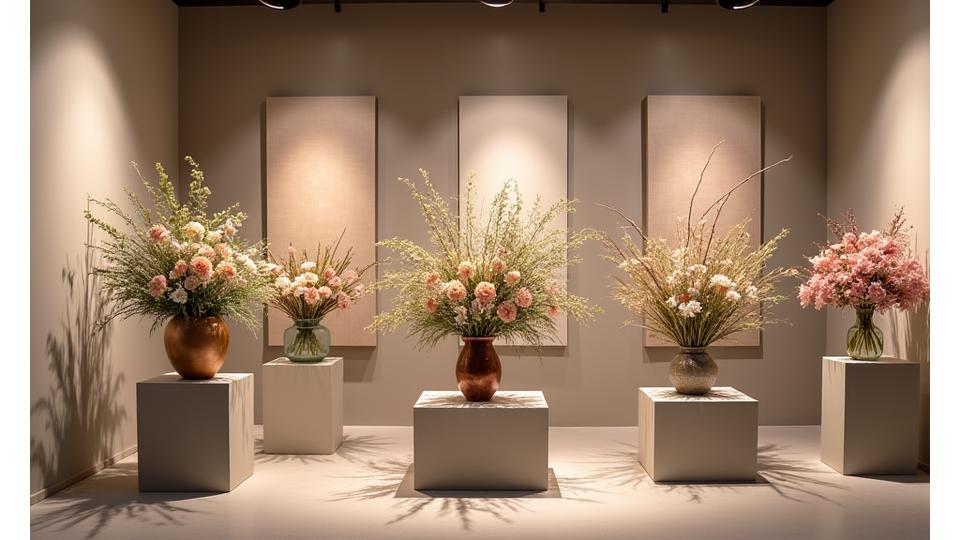 ギャラリースペースに Modelynthrixa Hanadama Atelier の美しいフラワーデザイン作品が展示されている。