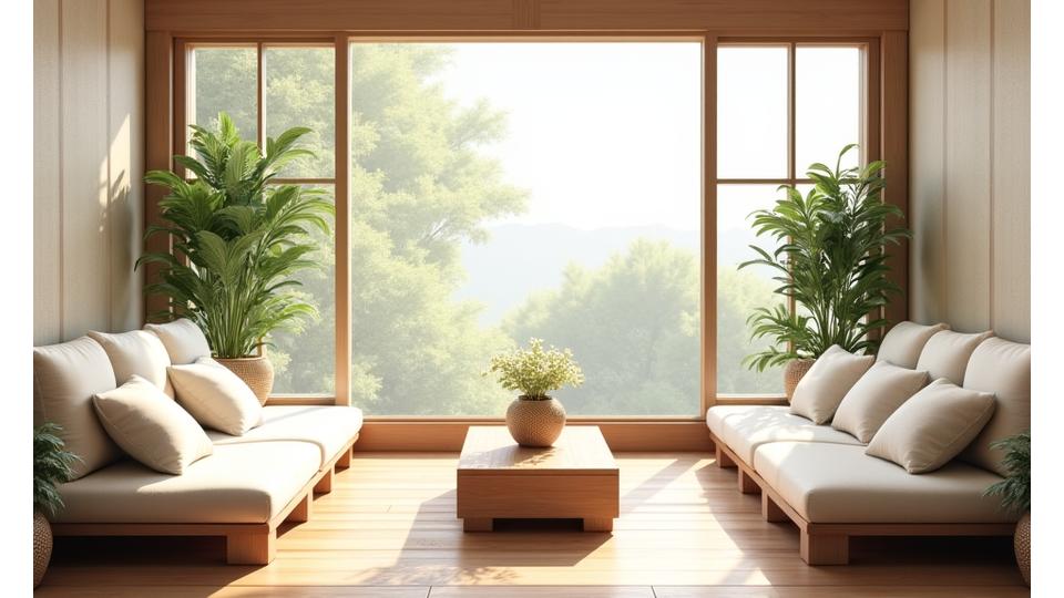 受講生がリラックスできる穏やかな休憩スペース。ソファと植物が配置されている。