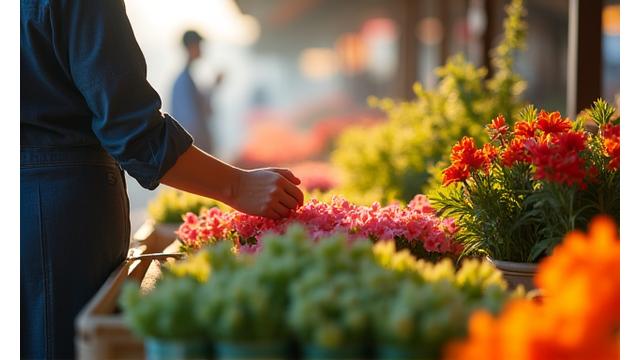 フローリストが早朝に市場で新鮮な花材を厳選している様子。